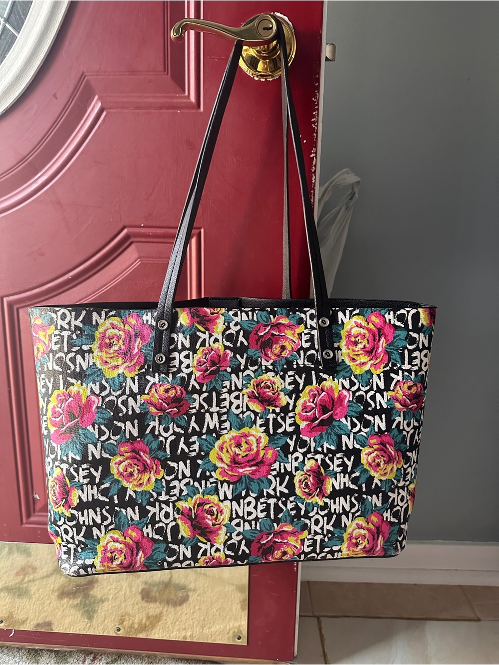 Betsey Johnson/Torrid Black Floral Logo Tote with Pink & Yellow Roses